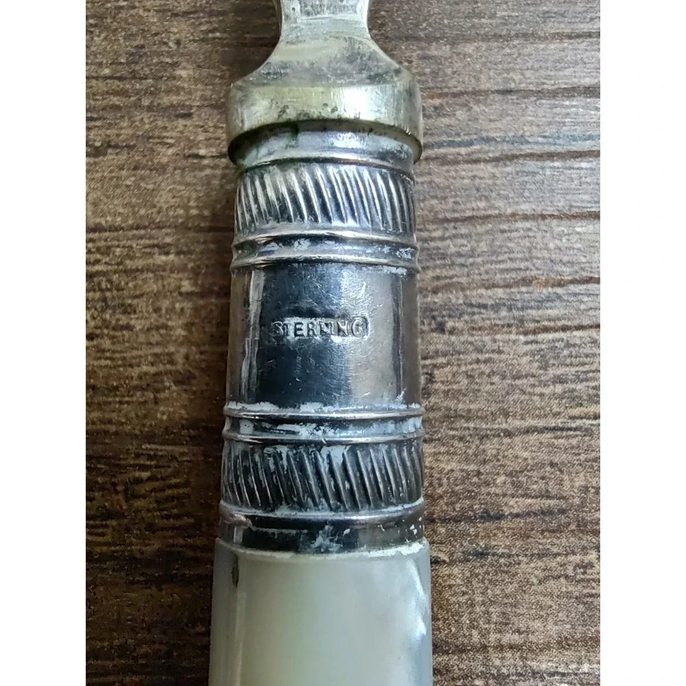 Antique EPNS Fish Serving Fork Mother of Pearl Handle Sterling Collar Engraved